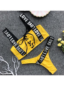 Spaghetti Strap Drawstring Letters Bikini