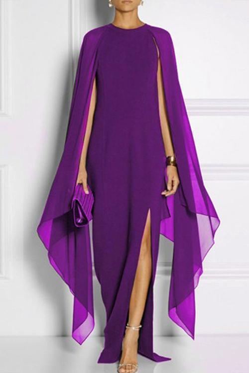 New Cape Sleeve High Slit Plain Chiffon Maxi Dress.MC