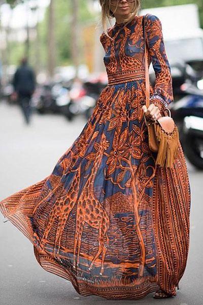 Best Chiffon Print Long-Sleeved Vintage Maxi Dress