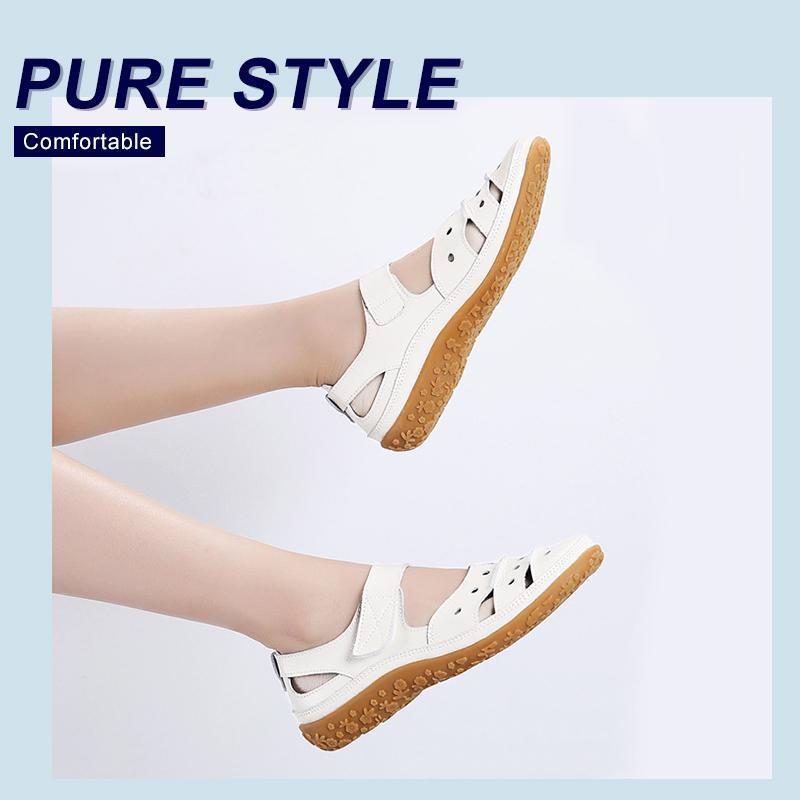 Leather Hollow Out Hook Loop Casual Flat Sandals For Women