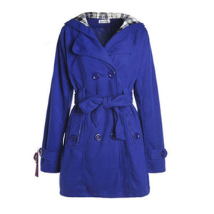 Women Double Breasted Slim Hoodie Solid Casual Long Pea Coat with Belt