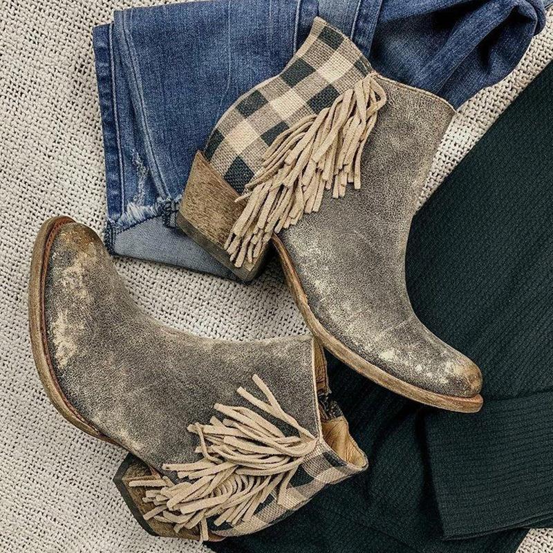 Retro Tassel Side Checked Back Zipper Boot