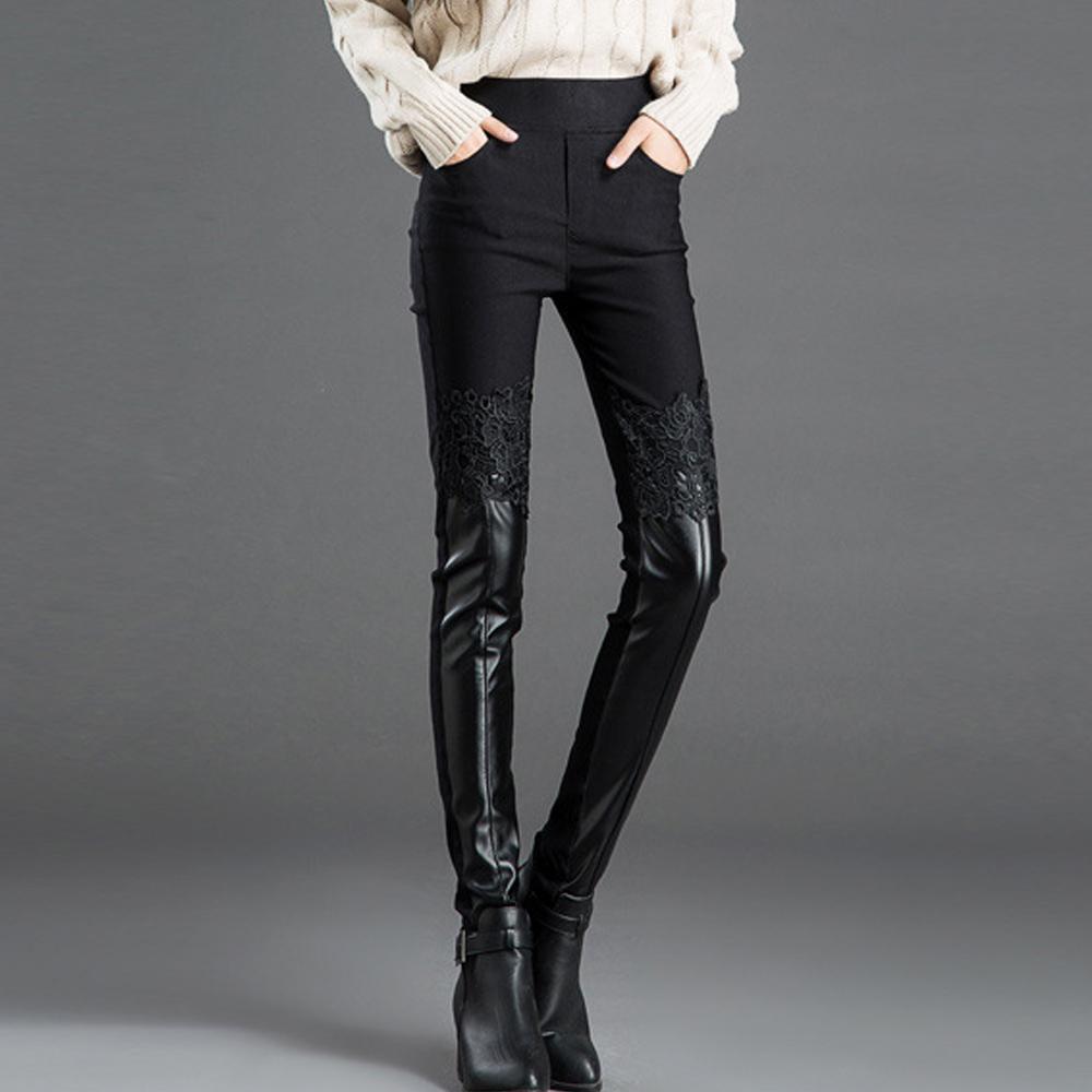 Womens Leggings With Lace Embroidery PU Elastic Long Pants