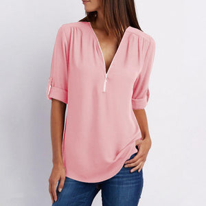 V Neck Zipper Patchwork Plain Blouses