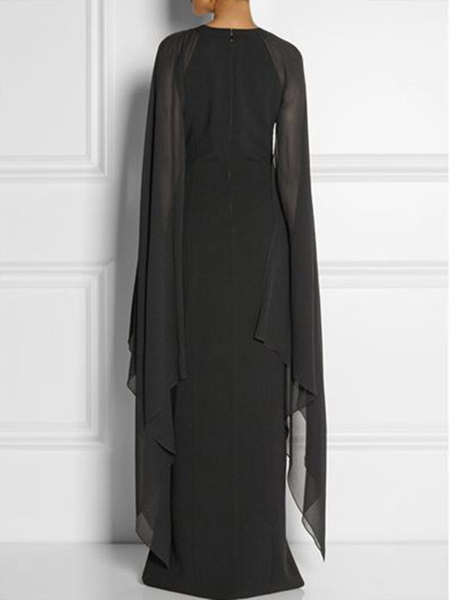 New Cape Sleeve High Slit Plain Chiffon Maxi Dress.MC