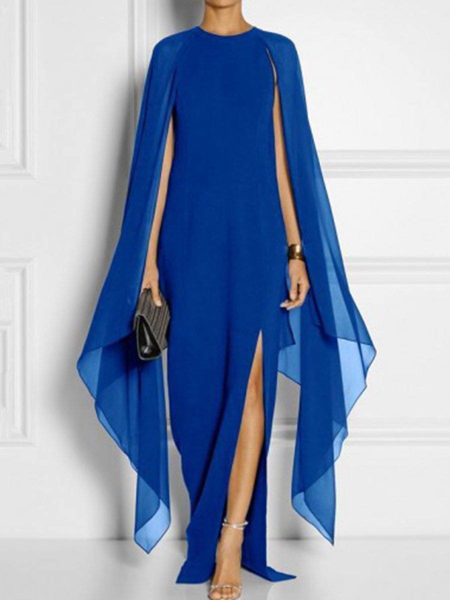 New Cape Sleeve High Slit Plain Chiffon Maxi Dress.MC