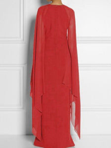 New Cape Sleeve High Slit Plain Chiffon Maxi Dress.MC