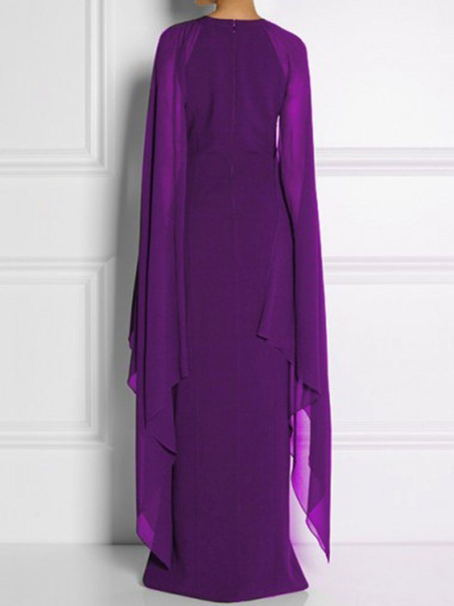 New Cape Sleeve High Slit Plain Chiffon Maxi Dress.MC