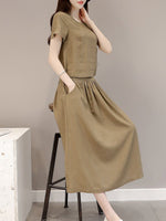 New Elastic Waist Patch Pocket  Plain Maxi Dress.AQ