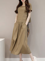 New Elastic Waist Patch Pocket  Plain Maxi Dress.AQ