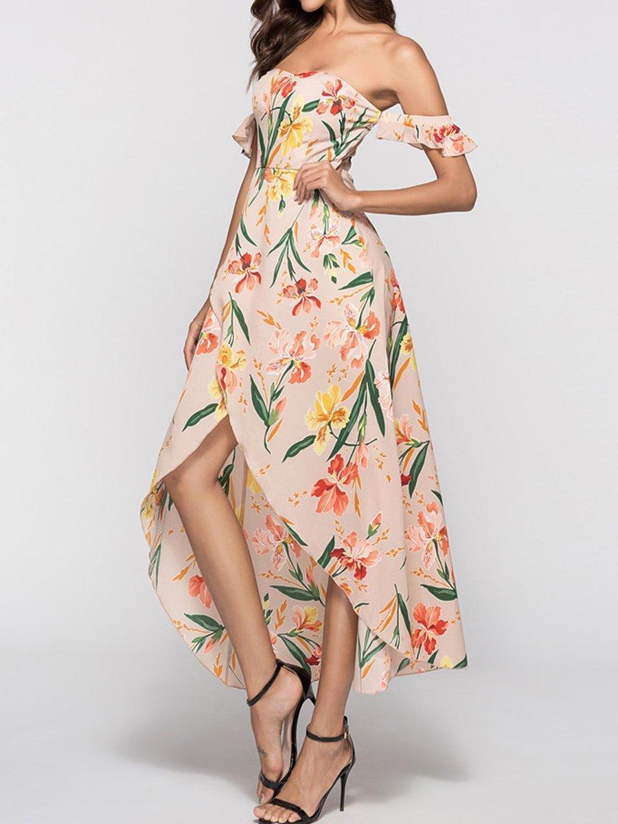 New Strapless  Asymmetric Hem  Printed Maxi Dress.MC