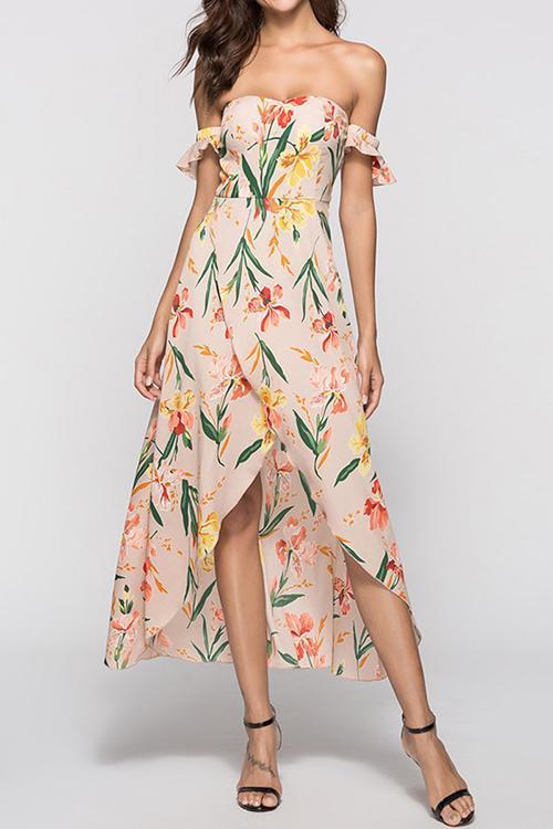 New Strapless  Asymmetric Hem  Printed Maxi Dress.MC