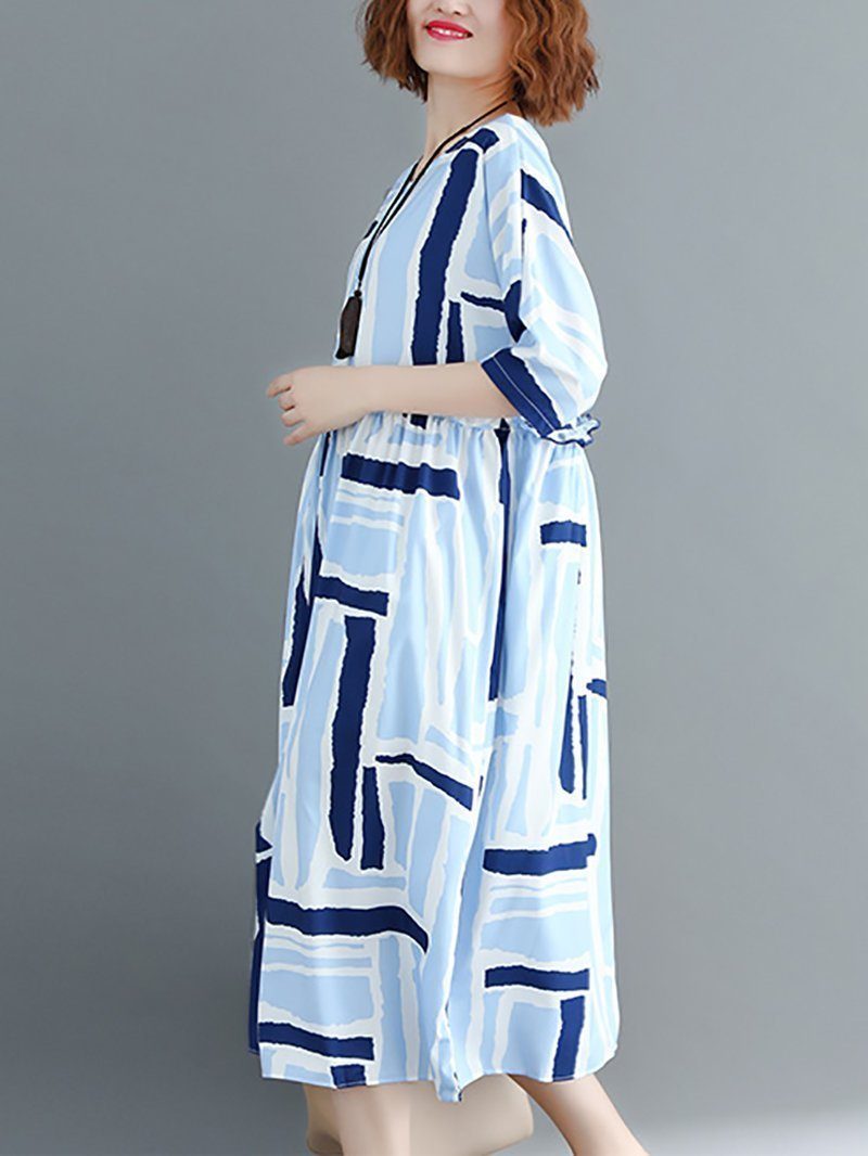 New Casual Printed Colour Pleated Round Neck Dress.MC