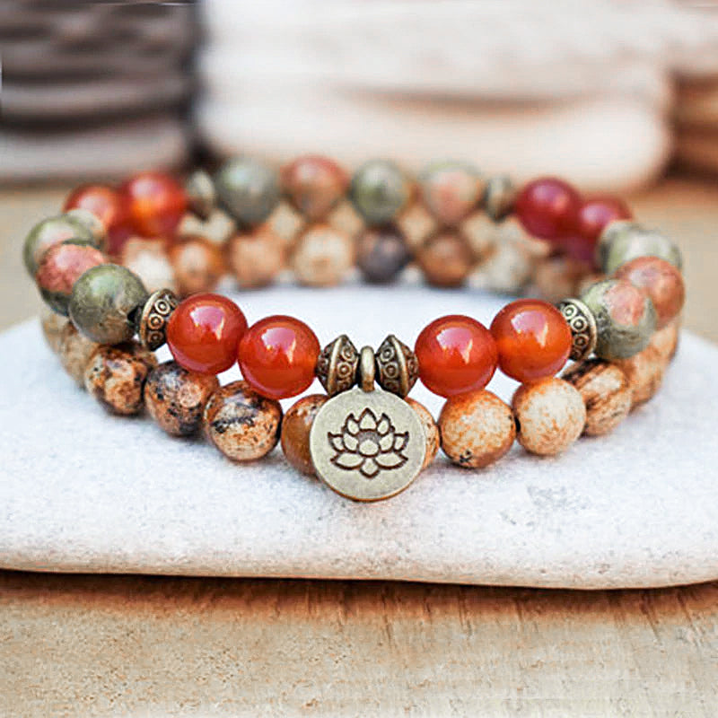 Agate Lotus Pendant Beaded Bracelet