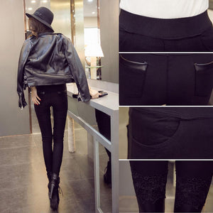 Womens Leggings With Lace Embroidery PU Elastic Long Pants