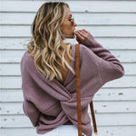 Women's Casual Cross Backless Long Batwing Sleeve Sweater