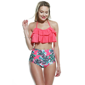 Double ruffled ruffled shoulder swimsuit