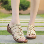 Hollow Out Weave Opened Toe Rhinestone Wedges Slippers