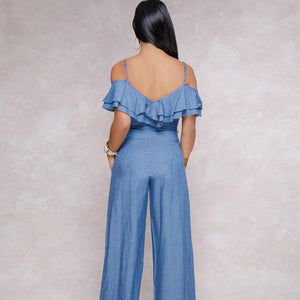 Sling Low-cut Ruffled Wide-leg Jumpsuit