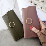 Women Long Pu Leather Zipper Metal Circle Decor Wallet