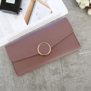 Women Long Pu Leather Zipper Metal Circle Decor Wallet