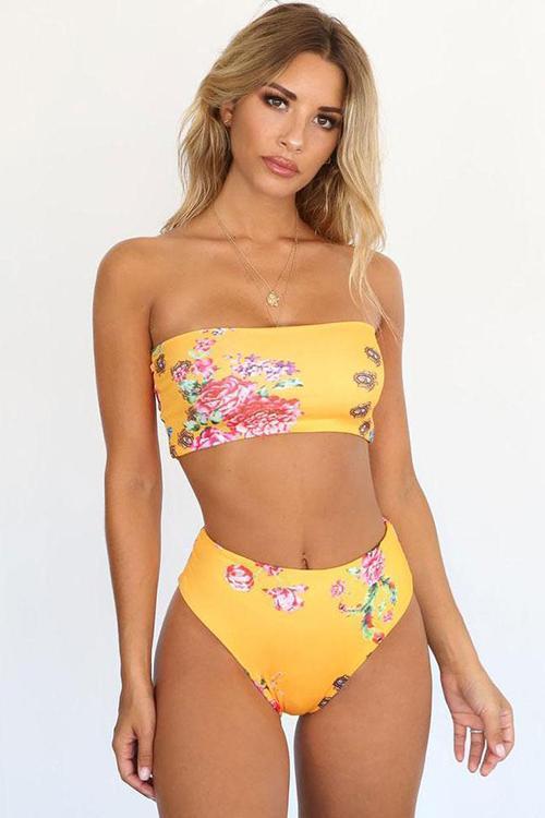 New Floral Printed Bandeau Bikini Swimsuit in Yellow.MO