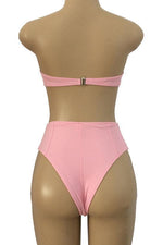 New Ribbed Bowknot Bandeau Bikini Swimsuit in Pink.MO