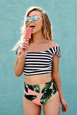 New Palm Leaf High Waist Off Shoulder Crop Bikini Swimsuit in Striped.MC